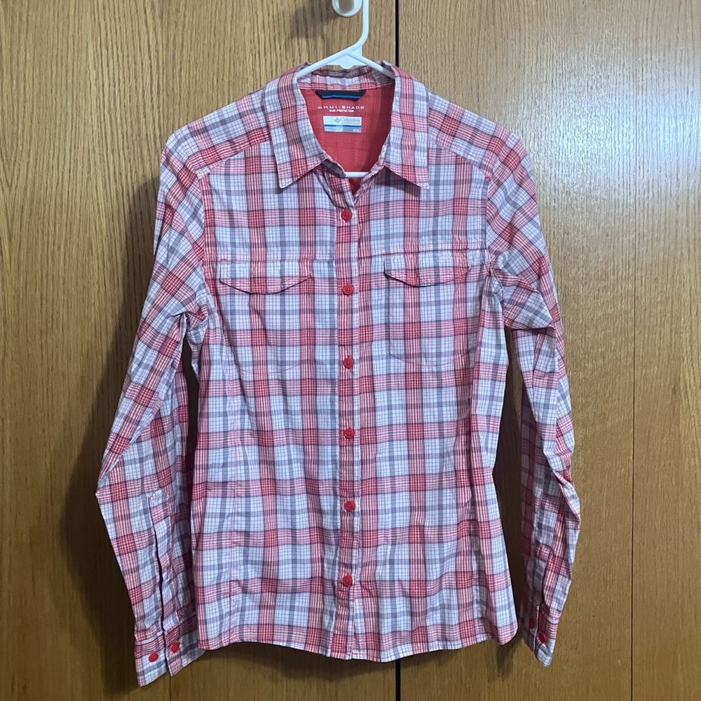 Columbia Silver Ridge Lite Omni-Shade Women’s Pink and White Plaid Shirt Size M